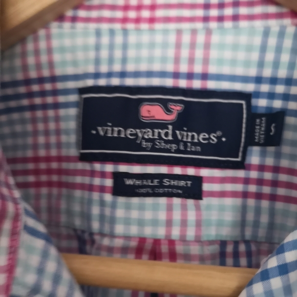 Vineyard Vines Whale Shirt Pink and Blue Checkered Plaid - Picture 2 of 3